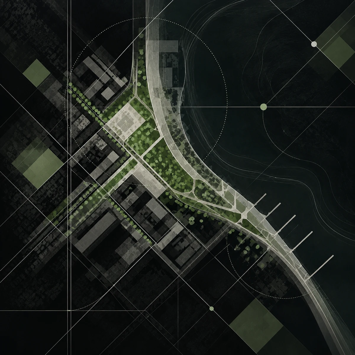 Abstract urban design and waterfront masterplan visualization